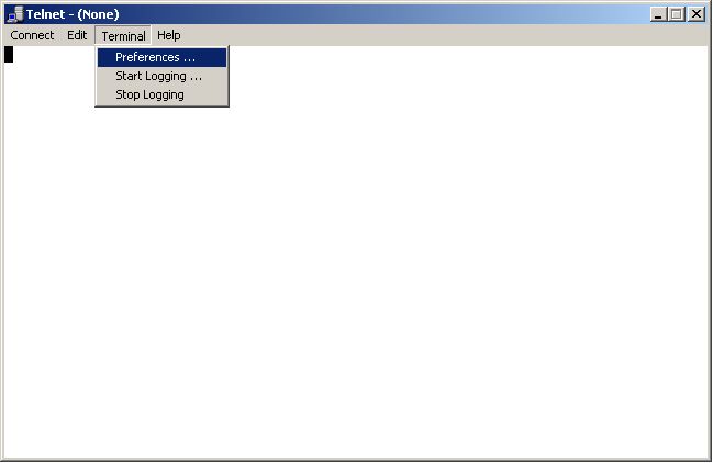 Windows NT telnet window with terminal dropdown and then preferences selected.